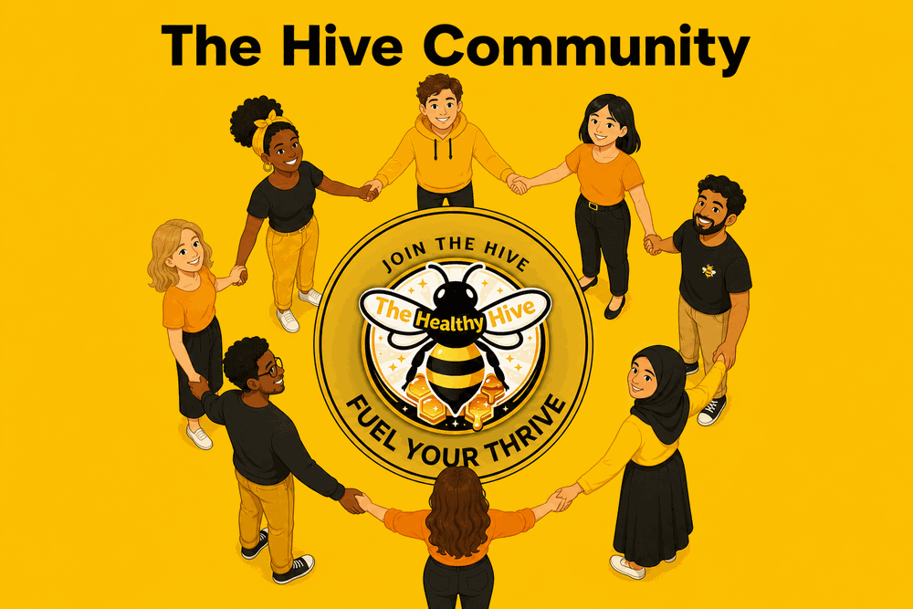The Hive Community — The Healthy Hive nutrition club logo with diverse community members holding hands