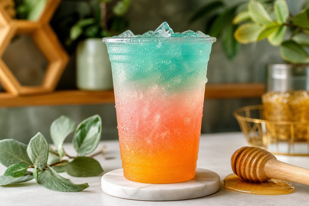 Ice-cold colorful tea bomb at The Healthy Hive
