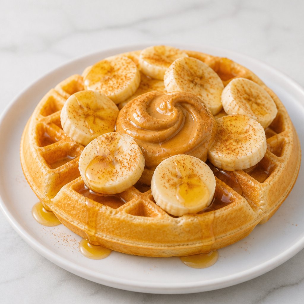 Classic protein waffle topped with bananas, honey, cinnamon, and peanut butter at The Healthy Hive